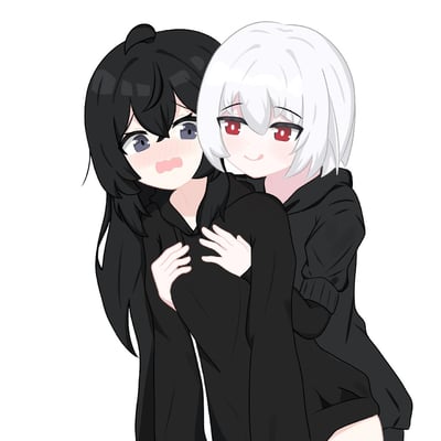 插画中展示了两位二次元风格少女，左侧为黑发蓝眼少女，脸颊泛红，眼神羞涩，双手轻放在胸前；右侧白发红眼少女面带微笑，从后方温柔拥抱黑发少女。背景为纯白色，整体画风可爱温馨，传递出亲密友爱的氛围。