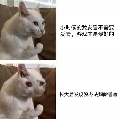 这是一张上下对比式的图文搞笑梗图，图中使用了同一只白色猫咪的两张不同表情的图片：上方的猫咪表情坚定，爪子抬起，搭配文字“小时候的我发誓不需要爱情，游戏才是最好的”，还原了许多人童年时沉迷游戏、对爱情不屑一顾的心态；下方的猫咪眼含泪水，神情委屈，搭配文字“长大后发现没办法解除誓言”，以幽默自嘲的方式调侃自己长大后渴望爱情却依然单身的状态，仿佛被童年的“誓言”牢牢困住，精准戳中了不少有类似经历的人的心境，充满搞笑与无奈的反差感。