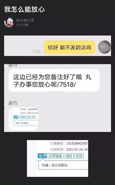 这是一张记录网购物流沟通乌龙的聊天记录截图，顶部是用户“城与橙与澄”发布的配文“我怎么能放心”。对话中，买家向客服“凌巧”提出“能不发韵达吗”的物流需求，客服回复已为买家备注妥当并让其放心，还附上了一张备注截图，显示内容为“快递：务必发韵达”；而买家的订单备注截图里，需求被错误地备注成了与初始请求完全相反的内容，形成了让人哭笑不得的乌龙场面，凸显了客服工作中的粗心失误。