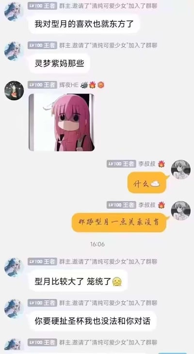 这是一张群聊截图，展示了一位名为"清纯可爱少女"的用户将"型月"(Type-Moon)和"东方"(Touhou Project)两个不同的二次元作品系列混淆的有趣对话。用户提到"灵梦紫妈那些"，实际上这些角色属于东方Project，而非型月系列。其他群成员如"李叔叔"指出了这个误解，对话中还包含一张粉色头发动漫角色的图片。