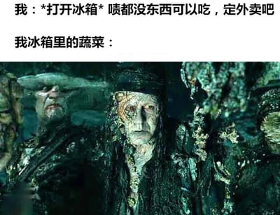 这张梗图上方是文字'我：*打开冰箱* 啧都没东西可以吃，定外卖吧 我冰箱里的蔬菜：'，下方配图是电影《加勒比海盗》中戴维·琼斯和他那被海藻、贝壳覆盖的腐烂船员们的截图。通过将冰箱里被遗忘的蔬菜比作阴森腐烂的幽灵船员，幽默地讽刺了人们打开冰箱觉得没吃的，却忽略了里面已经放坏的蔬菜的日常场景，充满生活气息和搞笑元素。