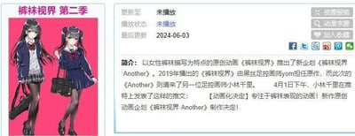 图片左侧为两位穿着蓝色校服、黑色裤袜的动漫女生立绘，右侧为《裤袜视界》新企划《Another》的介绍文本。文本提到该原创动画以女性裤袜描写为特点，新作由画师小林千晃接替iyomoon担任定绘，并于4月1日通过推特宣布制作决定，最后更新日期为2024年6月3日。