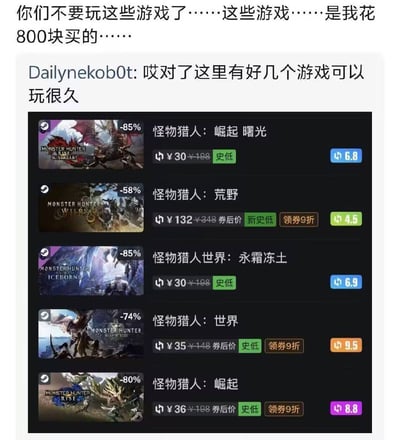 这是一张游戏相关的趣味梗图，上方首先是一段充满无奈情绪的吐槽文字：“你们不要玩这些游戏了……这些游戏……是我花800块买的……”，接下来是用户Dailynekob0t的回复：“哎对了这里有好几个游戏可以玩很久”，回复下方附上了游戏平台的怪物猎人系列游戏折扣列表，共列出5款该系列作品：《怪物猎人：崛起 曙光》折扣85%售价30元（史低）、《怪物猎人：荒野》折扣58%券后价132元（新史低）、《怪物猎人世界：永霜冻土》折扣85%售价30元（史低）、《怪物猎人：世界》折扣74%券后价35元（史低）、《怪物猎人：崛起》折扣80%券后价36元（史低），五款游戏折后总价仅两百余元，和吐槽者此前花费800元购买的高价形成强烈反差，笑点精准戳中了游戏玩家“早买早享受，晚买享折扣”的普遍痛点，充满自嘲的趣味。