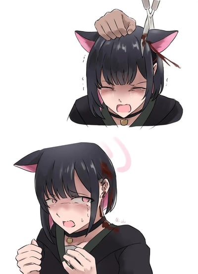 这是一组上下分栏的连环卡通漫画：
上半部分：一名黑发粉内耳的猫耳少女被一只手按住头部，剪刀正剪下她的一只猫耳，剪刀和少女头部带有血迹，少女紧闭双眼、大张嘴巴，满脸泪痕，正痛苦地哭喊。
下半部分：少女只剩一只猫耳，头部和脖颈沾着血迹，脸上还挂着泪水，表情茫然又悲伤，双手攥起，看起来十分无助。
整组漫画没有双关、谐音梗或暗示内容，仅展现虐心的痛苦场景。