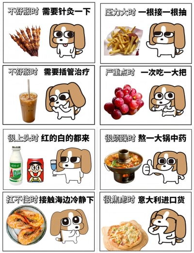 这是一张8格（4行2列）的连环搞笑梗图，每格都由“文字标题+真实食物图片+卡通小狗形象”组成，通过谐音和语义双关，将各种食物幽默地包装成“治疗方案”。
- 第一格：“不舒服时 需要针灸一下”，配图为烤串，利用“针灸”的“灸”与“烤串”的“串”谐音，小狗开心地看着烤串。
- 第二格：“压力大时 一根接一根抽”，配图为薯条，“抽”字双关（原指抽烟，这里指吃薯条），小狗戴墨镜酷拽地拿着薯条。
- 第三格：“不舒服时 需要插管治疗”，配图为插着吸管的奶茶，“插管”对应奶茶吸管，小狗满足地捧着奶茶。
- 第四格：“严重点时 一次吃一大把”，配图为一串葡萄，小狗双手比划“一大把”的动作。
- 第五格：“很上头时 红的白的都来”，配图为AD钙奶和红色罐装饮料，小狗举杯示意。
- 第六格：“很烦躁时 熬一大锅中药”，配图为火锅，将火锅戏称为“中药”，小狗竖大拇指点赞。
- 第七格：“扛不住时 接触海边冷静下”，配图为清蒸虾（“海边”对应海鲜），小狗一脸期待地看着虾。
- 第八格：“很焦虑时 意大利进口货”，配图为披萨（意大利美食），小狗馋得舔嘴。