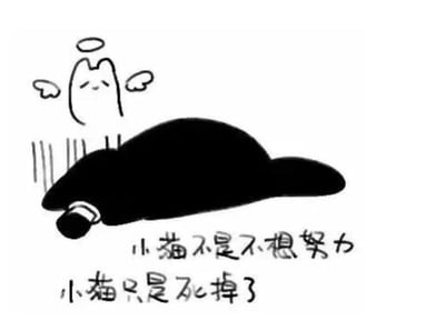 这是一幅黑白涂鸦风格的图文混排静态单图，画面中呈现了两个卡通小猫形象：一个是黑色的、瘫倒在地的小猫，看起来失去了生命体征；另一个是带着光环和小翅膀的天使小猫，从黑色小猫的上方飘出，旁边的竖线图案暗示着灵魂离体的状态。图片下方配有两行文字：“小猫不是不想努力”“小猫只是死掉了”，用可爱的卡通形象和直白的文字，将当代年轻人面对生活、工作压力时，那种无力再坚持、彻底放弃的“丧”情绪具象化，没有双关、谐音梗等内容，核心是传递疲惫、摆烂的心态。