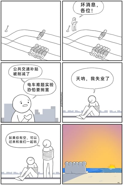 这是一组六格连环漫画，改编自经典哲学思想实验“电车难题”的场景。第一格呈现电车难题的经典设定：一条轨道绑着1个人，另一条轨道绑着5个人；第二格中，一名站在轨道旁的角色宣布坏消息；第三格他解释，由于公共交通补贴被削减，电车难题实验将被搁置；第四格中，原本单独被绑在轨道上的角色坐在地上，沮丧地表示自己失业了；第五格中，另一条轨道上的其中一名角色走来，邀请他一起玩耍；第六格展示了这群原本作为“实验道具”的角色一起在海边看日落的温馨场景。漫画以黑色幽默的方式，将严肃的思想实验转化为职场失业的荒诞故事，既讽刺了项目因经费问题搁置的现实，又用温暖的结尾消解了失业的沮丧感。