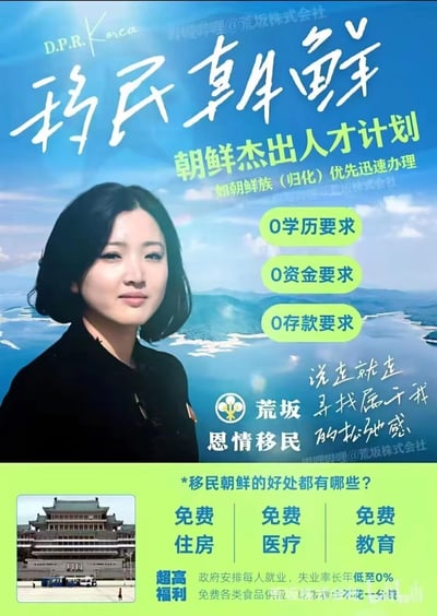 这是一张网友自制的虚构“移民朝鲜”梗图，模仿专业移民广告的排版风格，推出虚构的“朝鲜杰出人才计划”，宣称朝鲜族（归化）可优先办理，并且无学历、资金、存款要求。图中还罗列了虚构的移民福利：免费住房、医疗、教育，政府安排就业失业率0%、免费食品供应等，配文“说走就走 寻找属于我的松弛感”，以玩梗的方式打造出一个充满噱头的虚构移民项目，整体风格轻松搞笑，属于网络整活内容。
无谐音梗、双关或暗示性内容，纯为虚构玩梗。