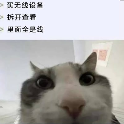 这是一张顶配底文的搞笑表情包，上方配有三行文字“买无线设备 拆开查看 里面全是线”，下方是一只灰白花色猫咪的近距离面部特写，猫咪双眼圆睁，鼻子凑近镜头，露出震惊、不敢置信的夸张神态。这张图用猫咪的错愕表情搭配吐槽文字，以反差感制造笑点，调侃了买到名不副实的“无线设备”的离谱生活遭遇，能引发网友对类似被误导经历的共鸣。