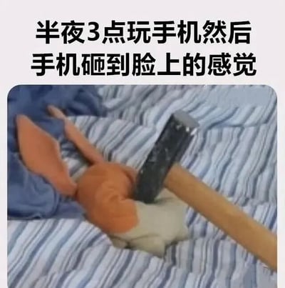 图片上方配有文字“半夜3点玩手机然后手机砸到脸上的感觉”，下方是一张玩具兔子躺在蓝白条纹床上的照片，一只锤子正砸向兔子的脸部。通过夸张的手法（用锤子比喻手机），幽默地表现了深夜躺着玩手机时手机不慎掉落砸到脸的疼痛感和狼狈感，引发熬夜党共鸣。