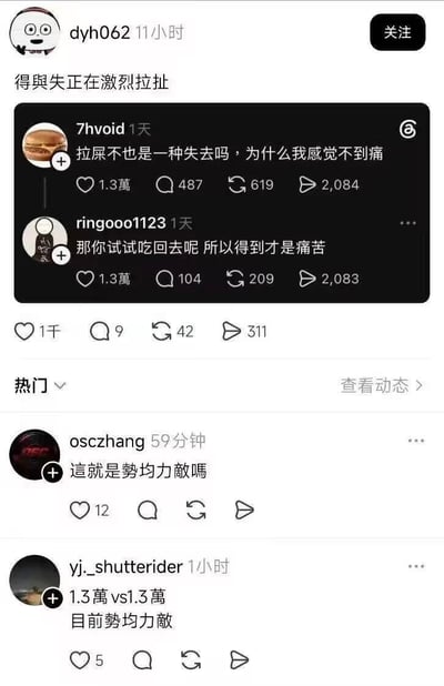 这是一张社交媒体截图。外层是用户 dyh062 的帖子，文案为“得與失正在激烈拉扯”。中间嵌入一张黑色背景的讨论截图：7hvoid 把排便类比成一种“失去”，追问为什么自己感觉不到痛；ringooo1123 则用极端反常识的“那你试试吃回去呢”反转，得出“所以得到才是痛苦”的荒谬结论。两条内嵌帖子的点赞数都显示为1.3万，评论区便用“這就是勢均力敵嗎”“1.3萬 vs1.3萬 目前勢均力敵”来调侃两种离谱观点打成平手。传播标题“这也算是在厕所遇见苏格拉底了”把低俗厕所笑话包装成哲学辩论，形成反差笑点。从现实角度回答图中的问题：正常排便只是排出消化道内的废物，并不等于失去身体组织，因此通常不会疼痛；若排便疼痛，可能与便秘、肛裂、炎症等有关。“吃回去”只是恶心且危险的玩笑，绝不卫生，也不应尝试。