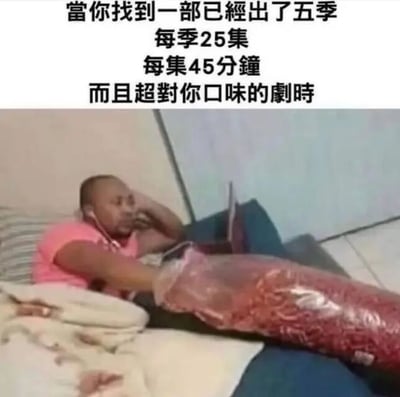 图片上方为文字内容：“當你找到一部已經出了五季 每季25集 每集45分鐘 而且超對你口味的劇時”，描述发现一部符合自己喜好且集数丰富的剧集时的情景。下方图片中，一名穿着粉色上衣的人躺在床上，一手撑着头，身旁放着一大块用塑料包裹的肉，表情放松满足，幽默地展现出找到心仪长篇剧集后可以尽情“享用”（观看）的愉悦状态。