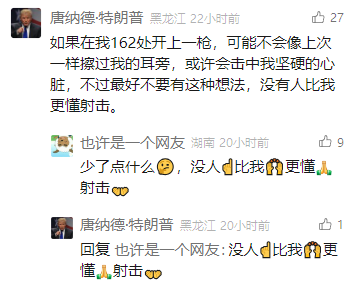 这是一张国内社交媒体平台的评论区截图，网名为“唐纳德特朗普”的用户发布了一段带有夸张语气的发言，提及被射击的相关内容并使用了“没有人比我更懂射击”的表述；随后网名为“也许是一个网友”的用户模仿美国前总统特朗普的经典“没人比我更懂XX”句式玩梗，发布了带表情的玩梗内容；最后“唐纳德特朗普”用户回复该网友，重复玩梗句式，形成了有趣的网友互动，整体内容围绕经典网络热梗展开，充满趣味性。
