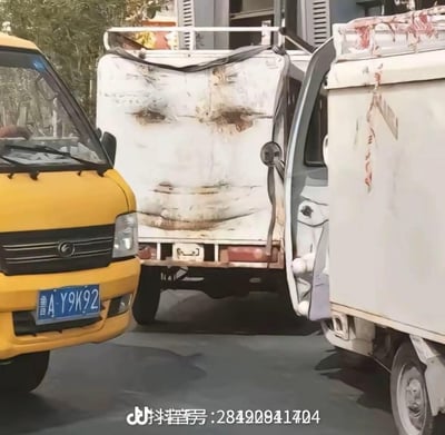 这是一张充满趣味的视觉错位照片，画面中三辆车并排停放，中间白色货车的车尾因碰撞产生的凹陷和污渍，恰好组合成了一张类似皱着眉的人脸纹路，和左右两侧的货车搭配，形成了逼真又搞笑的视觉错觉，让人看了忍俊不禁。
没有双关、谐音梗或暗示内容。
