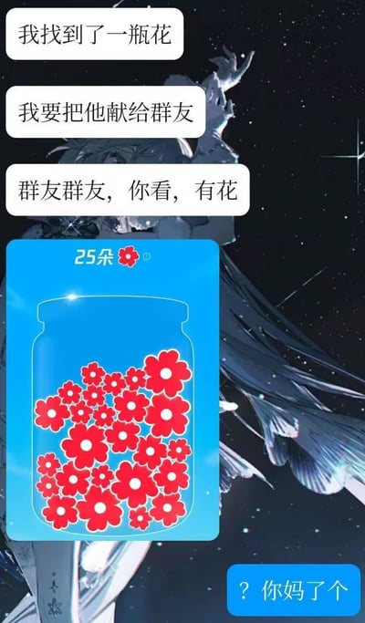 这是一张搞笑玩梗表情包，整体采用模拟群聊对话的形式，背景为带有星空元素的二次元男性角色插画。上方是发言者发送的三条消息，依次表示自己找到一瓶花、要将花献给群友、招呼群友看花，随后附上一张蓝色卡片图，卡片顶部标注“25朵”和红色小花标识，卡片内绘制了一罐共25朵的红色小花。下方是群友的回复，内容为带问号的脏话开头，结合“25朵花”的相关谐音形成骂人梗，风格搞笑跳脱，多用于群聊场景互相调侃。
