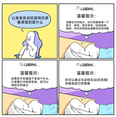 这是一组四格连环卡通漫画，第一格中，一个卡通角色坐在椅子上，得意地宣称要告诉大家游戏玩家最渴望的是什么；后三格展示该角色睡觉做梦的场景，梦境中出现了游戏加载界面风格的“温馨提示”，分别对应现实中玩家可能遇到的三类困境：经济拮据时希望像游戏里那样刷钱解决问题、迷茫时希望有游戏暂停菜单一样的任务提示、情绪低落时希望像游戏里那样通过和动物互动改善心情。漫画通过将游戏中的常见机制映射到现实生活，精准戳中游戏玩家的心理，用脑洞大开的方式调侃了玩家希望现实也能像游戏一样有明确指引和便捷解决方案的愿望。