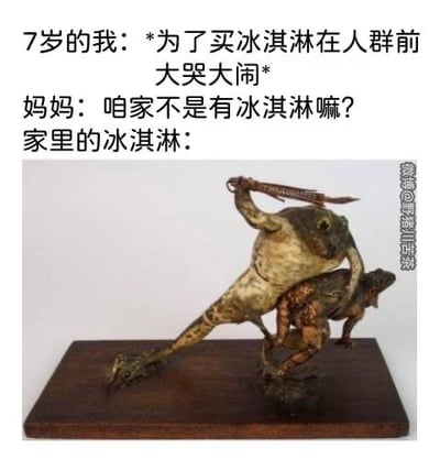 这是一张图文混排的搞笑梗图，上方文字描述了童年的一个小场景：7岁的“我”为了买到外面的冰淇淋，在人群前大哭大闹，妈妈则表示家里已经有冰淇淋了；下方的图片展示了一个造型极其诡异的蛙类拼接标本，完全和正常冰淇淋没有关联，用这种强烈的反差感制造出搞笑效果，调侃小时候总觉得外面的东西更好，结果家里的“同款”完全不是自己预期的样子。