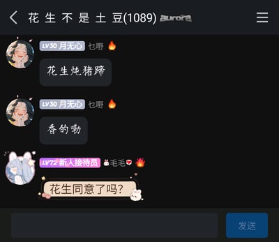 这是一张群聊截图，群名为“花生不是土豆(1089)”。用户LV30月无心先发消息提及“花生炖猪蹄”，随后补充“香的嘞”，紧接着LV72新人接待员毛毛用带有兔子装饰的对话框发出灵魂提问“花生同意了吗？”，巧妙结合群名里的“花生”进行拟人化玩梗，让对话充满趣味，展现了社群成员间轻松的互动氛围。