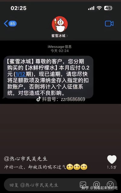 这是一张恶搞风格的社交媒体截图，内容为模拟蜜雪冰城发送的iMessage逾期催收短信，称用户分期购买的冰鲜柠檬水本月应付0.2元（分12期）已逾期，还警告将计入个人征信；下方配网友评论「冲动一次，却被压的喘不过气😌😌😌」，用将廉价饮品与大额分期的严肃催收场景结合的反差感，调侃超前消费带来的“压力”，制造出荒诞搞笑的效果。
