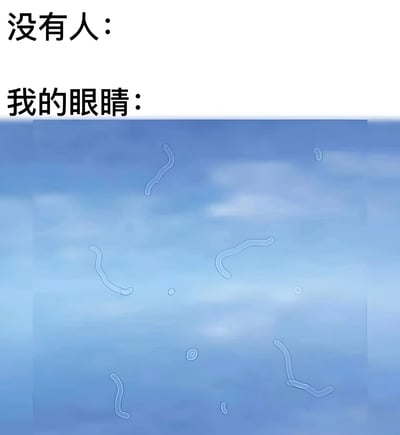 图片上方分两行显示文字“没有人：”和“我的眼睛：”，下方为蓝色渐变背景，上面分布着多条白色、类似蠕虫的弯曲线条以及少量小圆点。通过这种对比幽默地表达了“当周围没有人时，自己的眼睛却看到了一些奇怪东西”的自嘲场景。