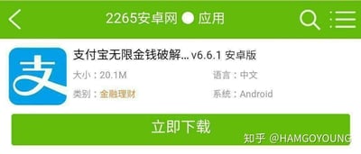 这是一张网页UI截图，呈现的是2265安卓网中的一个虚假应用下载页面。页面顶部是绿色导航栏，显示网站名称“2265安卓网”及“应用”分类，左侧有返回按钮，右侧有搜索和菜单按钮。页面主体展示了标注为“支付宝无限金钱破解...v6.6.1 安卓版”的虚假应用信息，搭配支付宝官方图标，同时标注了应用大小20.1M、语言为中文、类别为金融理财、适配Android系统，下方设有绿色的“立即下载”按钮。页面右下角带有知乎用户@HAMGOYOUNG的水印。需要注意的是，支付宝作为正规的金融支付平台，不存在所谓的“无限金钱破解版”，此类页面属于虚假诈骗类内容，目的多为诱导用户下载恶意软件、窃取用户信息或实施诈骗，具有很强的误导性和危害性。