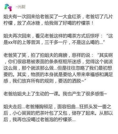 这是一个纯文字的搞笑反转段子，讲述了姐夫给老爸买了价值三千多一斤的上等普洱，老爸却将其搭配柠檬、冰糖做成柠檬茶给“我”饮用。姐夫发现后惊讶地指出茶叶的昂贵，老爸则说出一番不要被条条框框束缚、要追求物质带来的幸福感的人生哲理，让“我”和姐夫都有所感悟。可等姐夫离开后，老爸却瞬间露出心疼懊悔的模样，小心翼翼地把剩余茶叶仔细包好储存，“我”此后也再也没喝过老爸泡的柠檬茶，前后的反差充满了搞笑效果。