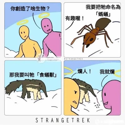 这是一幅四格连环卡通漫画，设定在云端的创世场景中，两位头顶光环的天使角色展开互动：第一格，黄色天使好奇地询问粉色天使创造了什么生物，粉色天使展示出蚂蚁并表示要将其命名为「蚂蚁」，黄色天使回应「有趣喔！」；第二格单独呈现被命名的蚂蚁；第三格黄色天使创造出食蚁兽，宣布要将它命名为「食蚁兽」；第四格黄色天使因自己创造的生物克制对方的生物，愤怒地骂粉色天使「烂人！」，而粉色天使则摆烂式回应「我就烂」。漫画通过创世生物的克制关系制造出无厘头的冲突感，用摆烂式的对话放大搞笑效果，风格轻松沙雕。
