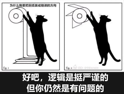 这是一张左右对比的卡通梗图，左侧fig.1展示了正常方向安装的厕纸架，一只黑色的卡通猫站立起来，用两只前爪向上伸，能够轻松扒拉到厕纸；右侧fig.2展示了反向安装的厕纸，厕纸被支架的结构挡住，黑猫做出同样的动作却无法触碰到厕纸。图上方的文字“为什么我要把厕纸装成错误的方向”点明了反向安装厕纸的原因是为了防止猫咪捣乱，底部的文字“好吧，逻辑是挺严谨的，但你仍然是有问题的”则是调侃这种行为：虽然从防猫的角度来说逻辑通顺，但违背了厕纸常规的使用方式，显得有些本末倒置。