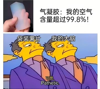 这是一张上下两格的对比梗图。上格展示一只手拿着半透明的气凝胶材料，配文"气凝胶：我的空气含量超过99.8%!"；下格使用《辛普森一家》中伯恩斯先生的双胞胎形象，分别标注"袋装薯片"和"我的大脑"，底部配有"可悲. Pathetic."文字。通过气凝胶的高空气含量特性，幽默对比了袋装薯片通常填充大量空气的现象，进而自嘲大脑空空如也的状态。