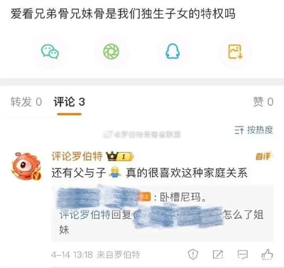 这是一张社交媒体截图，顶部是用户发布的提问：“爱看兄弟骨兄妹骨是我们独生子女的特权吗”，其中“兄弟骨兄妹骨”应指带有亲密羁绊的兄弟、兄妹相关内容。评论区首评用户“评论罗伯特”补充表示自己还喜欢父与子这类家庭关系，楼主看到后回复了激烈的脏话“卧槽尼玛。”，评论者则疑惑地询问“怎么了姐妹”，整个互动呈现出意外的冲突感，楼主的激烈反应和评论者的疑惑形成鲜明反差。
