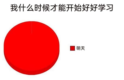 这是一张图文混排的趣味梗图，顶部以黑体大字提出问题“我什么时候才能开始好好学习”，下方是一个3D样式的饼图，饼图的全部区域都被标注为“明天”。图片用这种夸张的图表形式，精准调侃了那些总是把学习计划推到“明天”，一直拖延、迟迟无法付诸行动的人群，生动展现了这类人“明日复明日”的拖延心理，能引发有相同经历者的强烈共鸣。