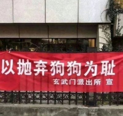 图片展示了一栋建筑物外墙上悬挂的红色横幅，横幅上用白色大字写着“以抛弃狗狗为耻”，下方标注“玄武门派出所 宣”。背景中可以看到建筑物的玻璃窗和部分墙体结构，右侧有一些绿色植物攀爬。整体画面清晰，横幅内容醒目，传达出警方倡导爱护动物、反对遗弃宠物的理念。