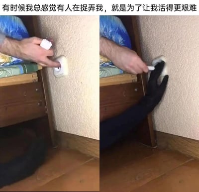 这是一张左右对比的创意搞笑图文梗图，左侧画面里一只手正常按动墙上的开关，操作顺畅简单；右侧画面中，原本的开关位置被替换成一只从柜子下方伸出的手，想要完成按开关的动作就必须握住这只手，操作难度被刻意提升。结合顶部配文“有时候我总感觉有人在捉弄我，就是为了让我活得更艰难”，用这种夸张的视觉创意，生动比喻生活中那些毫无来由、仿佛被外力刻意刁难的小事，精准戳中人们在生活中遇到莫名阻碍时的无奈与共鸣，以搞笑的形式抒发这种情绪。