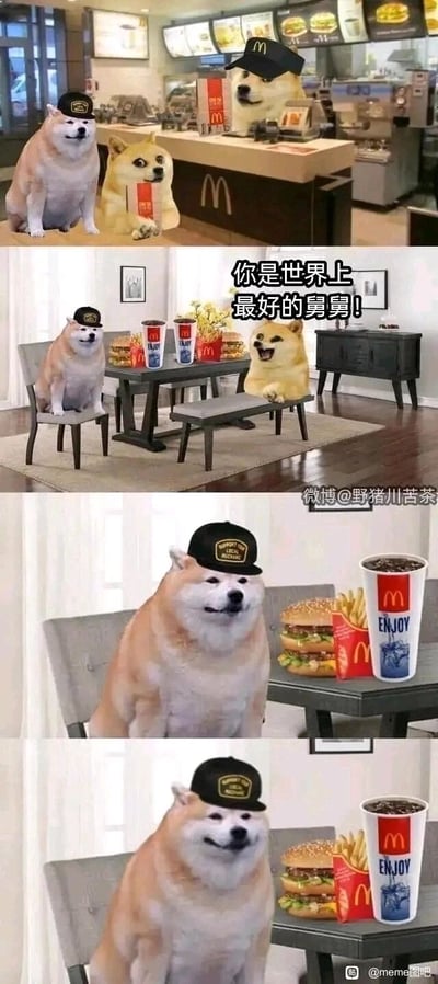 这是一组由柴犬doge表情包P图改编的四格连环梗图：第一格展示了三个柴犬在麦当劳店内的场景，戴M标帽子的柴犬是柜台员工，小柴犬拿着餐盒，戴黑帽子的柴犬（舅舅）在一旁；第二格中，舅舅和小柴犬坐在餐桌前，桌上摆着双层汉堡、薯条和饮料，小柴犬兴奋地对着舅舅喊出“你是世界上最好的舅舅！”；第三格特写舅舅，此时他面前的汉堡还在桌上，表情平静；第四格中，舅舅面前的双层汉堡消失不见，只剩薯条和饮料，舅舅露出尴尬又无奈的假笑，显然是被刚才夸他的外甥吃掉了汉堡，用柴犬的魔性表情放大了这种被坑后的无奈感，充满搞笑反差。