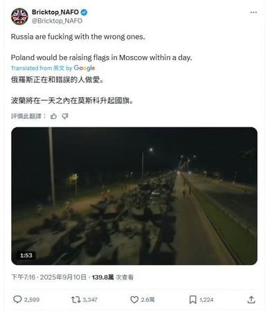 这是一张X平台（原推特）的用户发布内容截图，发布者为Bricktop_NAFO，账号带有英国国旗认证标识。内容包含一段英文言论及其谷歌翻译的中文内容，其中谷歌翻译将英文“Russia are fucking with the wrong ones.”错误译为“俄罗斯正在和错误的人做爱”，正确含义应为“俄罗斯惹错了对象”；后半句“Poland would be raising flags in Moscow within a day.”被译为“波兰将在一天之内在莫斯科升起国旗”。下方附带1分53秒的视频截图，画面呈现夜间道路上有大量军事装备和人员列队的场景。该发布于2025年9月10日下午7:16发出，获得139.8万次查看，以及2599条评论、3347次转发、2.6万点赞和1224次收藏。
翻译说明：此处谷歌翻译出现了明显的语境误译，“fucking with the wrong ones”在该语境下是“惹错了人/对象”的意思，而非字面的“做爱”。