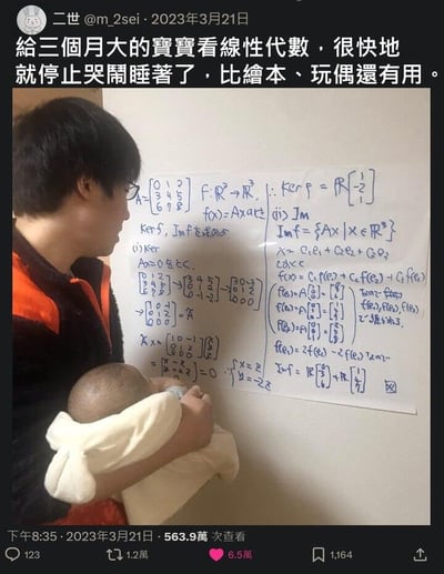 这是一张来自社交平台的趣味截图，画面中一位男子抱着裹在白色襁褓里的三个月大宝宝，宝宝已经熟睡，男子正看向墙上贴满线性代数推导过程的白板。配文调侃称给宝宝看线性代数，宝宝很快就停止哭闹睡着了，效果比绘本、玩偶还好，用夸张的方式吐槽线性代数的“催眠”属性，精准戳中不少被高等数学“折磨”过的网友的笑点，引发共鸣。白板上的内容是求解线性变换的核（Ker f）与像（Im f）的完整推导过程，包含矩阵运算、基向量线性组合等专业的线性代数知识。