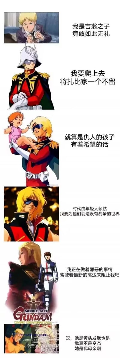 这是一组针对《机动战士高达》系列核心角色夏亚·阿兹纳布尔的趣味拼贴梗图，通过六张来自不同系列动画的夏亚截图，搭配对应文字玩梗式梳理了他的人设与剧情转变：从最初以吉翁之子身份向扎比家复仇的愤怒，到对仇人之流孩童抱有希望的温柔，再到渴望为年轻人创造无战争世界的理想，接着是自我认知的矛盾，最后用“黄发母子”的经典误会梗收尾，精准调侃了夏亚在系列中复杂多变的理念与剧情里的知名桥段，充满ACG粉丝的玩梗趣味。