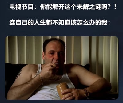 图片上方有两行对比文字，分别是“电视节目：你能解开这个未解之谜吗？！”和“连自己的人生都不知道该怎么办的我：”。下方是《黑道家族》主角托尼·索普纳的剧照，他穿着白色背心，坐在沙发上，左手拿着一罐食物（疑似花生酱），右手用勺子直接舀着吃，表情漠然，背景是垂直百叶窗。通过文字与画面的结合，幽默地表达了面对电视节目中复杂谜题时，自己却连人生都理不清的无奈与自嘲情绪。