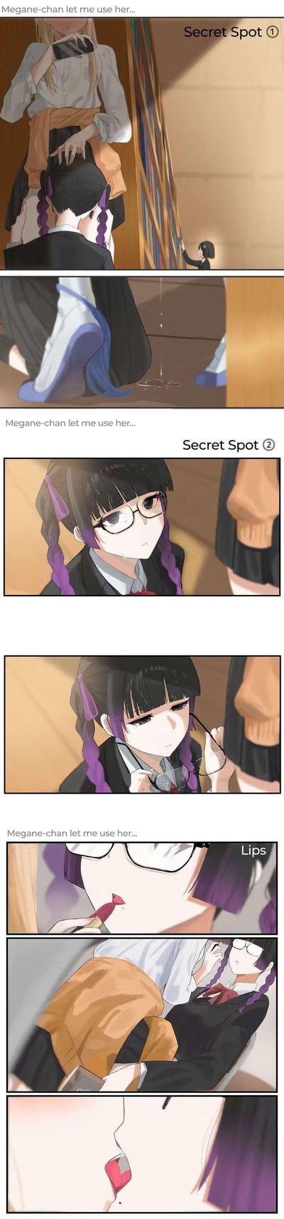 这是一组多格连环漫画，主角为名为Megane-chan的紫发双马尾少女，身着深色校服搭配白色衬衫与领带。首格展现她站在室内场景中，背景有窗帘与家具；随后格子依次聚焦于她的脚部、面部特写（戴眼镜，表情平静）、调整眼镜的手部动作、涂口红的唇部近景，以及与另一人靠近的亲密互动画面。画面中反复出现文字“Megane-chan let me use her...”，并标注“Secret Spot ①”“Secret Spot ③”“Lips”等场景标识，整体氛围细腻暧昧，充满少女漫画特有的情感张力。
