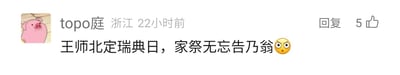 这是一张社交媒体平台的评论截图，来自浙江的用户“topo庭”在22小时前发布了一条玩梗评论，将陆游《示儿》中的“王师北定中原日，家祭无忘告乃翁”改编为“王师北定瑞典日，家祭无忘告乃翁”，并搭配了一个惊讶的表情，该评论获得了5个点赞，用户头像为一只粉色的卡通小猪。这条评论是对经典古诗的改编玩梗，用替换地名的方式制造出无厘头的趣味效果。