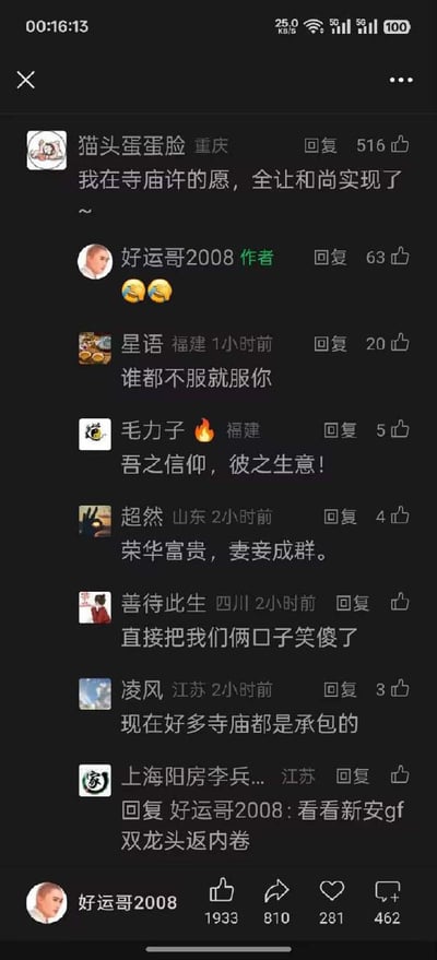 这是一张社交平台的评论区截图，用户调侃自己在寺庙许的愿都被和尚“实现”了，引发一串带有幽默和双关的评论。网友们用玩梗和调侃的方式热烈互动，整体气氛轻松搞笑。

**存在双关梗**：原评论“实现愿望”的“实现”，有表面许愿达成和“和尚成伴侣”的暗指，也有网络上的幽默性情感梗。