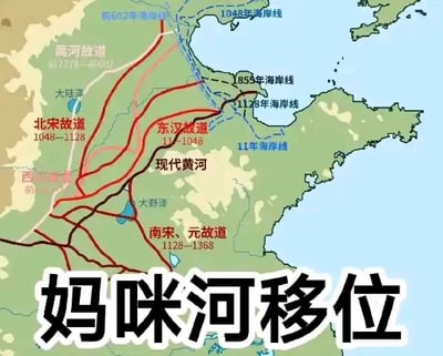 这是一张经过二次创作的黄河历史改道地理地图，图中以不同颜色的线条清晰标注了禹河故道、北宋故道、东汉故道、南宋与元故道以及现代黄河的河道走向，同时标注了从公元前602年到1855年多个时间节点的海岸线变迁，还标注了大陆泽、大野泽等古湖泊位置。图底部添加了文字“妈咪河移位”，是谐音梗创作，“妈咪河”谐音“黄河”，用诙谐的表述指代黄河历史上多次改道的地理现象，将严肃的历史地理知识以搞笑的方式呈现，降低了科普的门槛，更易传播。