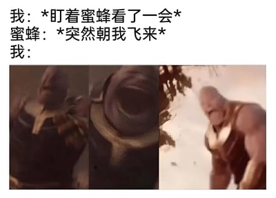 这是一张搞笑反应类梗图，上方文字描述了一个日常场景："我：*盯着蜜蜂看了一会* 蜜蜂：*突然朝我飞来* 我："。下方是三张漫威电影《复仇者联盟3：无限战争》中灭霸的连续截图，分别展示了灭霸表情从严肃到惊讶再到沉思的变化，幽默地表现了当蜜蜂突然飞向自己时的内心活动和反应。