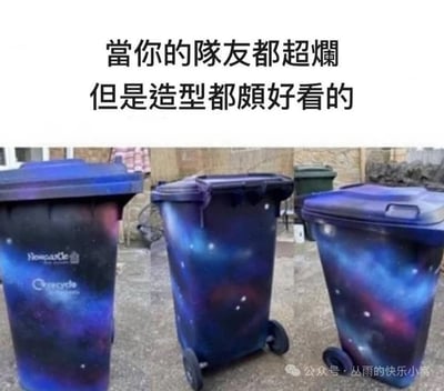 这张梗图的上方配了文案：“当你的队友都超烂，但是造型都颇好看的”，下方图片则是三只喷涂成银河宇宙风格的垃圾桶。形象对比强烈，垃圾桶本质上仍然是垃圾桶，但外观却非常炫酷。整体表达了“能力不行但颜值高”的自嘲和调侃氛围，暗指有些队友虽然没什么用但是外表很吸引人。这个梗图经常用于游戏、工作等团队场景下自黑。双关梗在于用漂亮的垃圾桶类比“好看但没用”的队友。