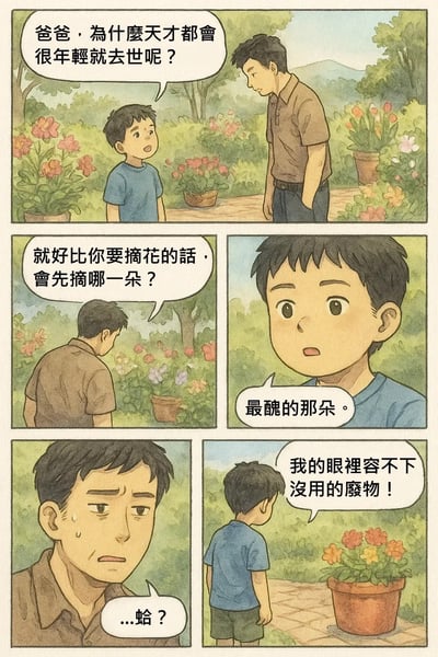 这是一幅五格连环漫画，描绘了一对父子在花园里的对话。儿子天真地问父亲为什么天才总是早逝，父亲用摘花做比喻，引导儿子思考，最后却给出了出人意料的回答，让儿子感到困惑。画面采用温馨的水彩风格，背景有盛开的花朵和树木，营造出轻松的氛围。
