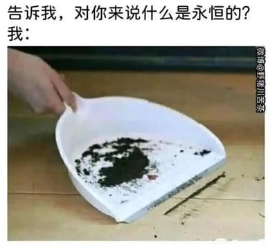 这是一张图文结合的幽默吐槽图，上方以提问“告诉我，对你来说什么是永恒的？”引出话题，下方搭配了一个真实的生活场景：一只手握着底部有破损的白色簸箕，试图清扫地面的黑色灰尘，但簸箕的破口不断将扫进去的灰尘漏回地面，永远无法完成清扫工作。这一场景作为对“永恒”的回答，具象化地表达了家务中那种永远做不完、循环往复的无奈与疲惫，用生活化的尴尬细节制造笑点，引发有类似家务经历的用户共鸣。