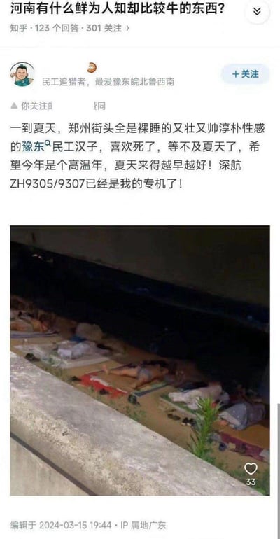 这是知乎问题「河南有什么鲜为人知却比较牛的东西？」下的一则回答，用户「民工追猎者，最爱豫东皖北鲁西南」表达了对夏季郑州街头裸睡的豫东务工汉子的喜爱，称期待高温年夏天早点到来，还提到深航ZH9305/9307是自己的专机，配图为夜晚街头桥下地面上休憩睡眠的务工人员实拍图。
无双关、谐音梗或暗示类内容。