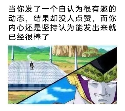 图片上方为黑色文字，内容是“当你发了一个自认为很有趣的动态，结果却没人点赞，而你内心还是坚持认为能发出来就已经很棒了”。下方左侧是《龙珠Z》中的场景，一个角色独自走在网格状平台上，背景有绿色草地和岩石；右侧是角色沙鲁的面部特写，表情自信。整体通过动漫场景与文字结合，幽默表达了社交媒体动态无人点赞时的自我安慰心态。