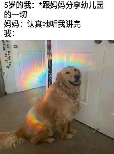 这是一张图文混排的搞笑治愈梗图，上方文字构建了一个童年亲子场景：5岁的孩子兴奋地跟妈妈分享幼儿园的所有日常琐事，妈妈则认真听完了孩子的讲述。下方用一只被彩虹光笼罩、嘴角上扬、神态开心满足的金毛犬来拟人化表现孩子此时的心情，生动还原了小时候被长辈认真倾听后那种幸福感爆棚、内心充满温暖的状态，戳中了很多人关于童年被理解的美好回忆，用宠物的可爱状态传递情绪，既有趣又治愈。