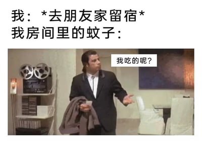 这张梗图用电影片段作背景，巧妙融入生活趣事。上方文字描绘了自己去朋友家住时，家里蚊子“找不到食物”显得困惑的幽默场面，下方用《低俗小说》中人物迷惑的经典动作，搭配“我吃的呢？”的对白，把蚊子拟人化，非常适合用来吐槽类比生活中无奈又搞笑的情况。整体氛围轻松幽默，没有谐音梗或暗示。